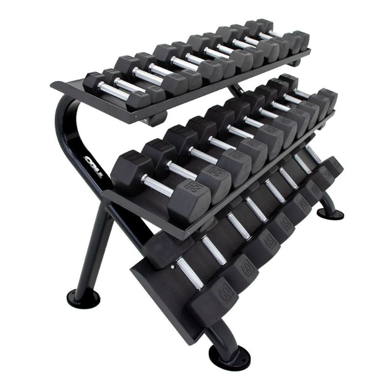 TKO S890-TXRE15 5-75lb Rubber Hex Dumbbell Set with Rack | Secure