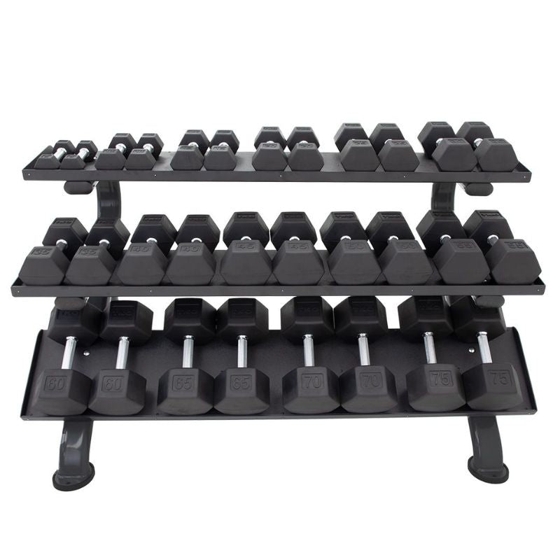 TKO S890-TXRE15 5-75lb Rubber Hex Dumbbell Set with Rack | Secure