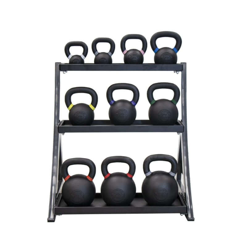 TKO 856KR 3 - Tier Kettle Bell Rack Front View with Kettlebell Set