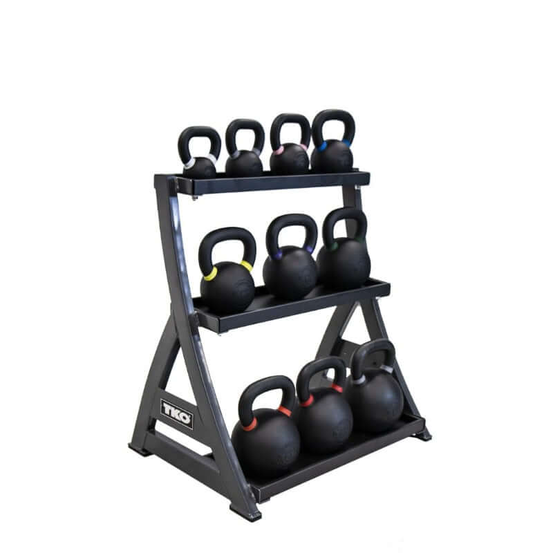 TKO 856KR 3 - Tier Kettle Bell Rack Right Side View with kettlebell Set
