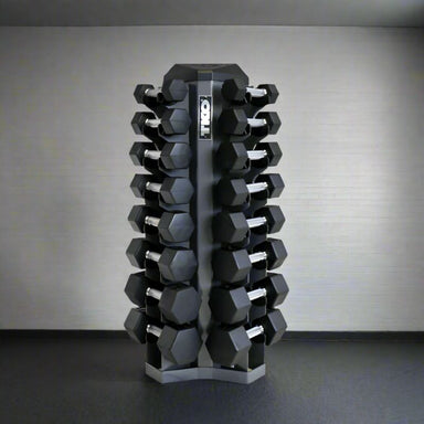 TKO S840-SXRA10 5-50lb Rubber Hex Straight Handle Dumbbells with Vertical Rack inside Gym