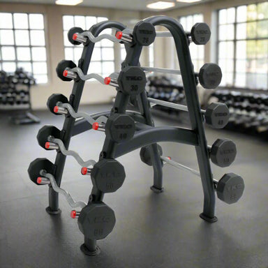 TKO S846-805807 20-60lb  Rubber Straight & Curl Barbell with Barbell Rack in Gym
