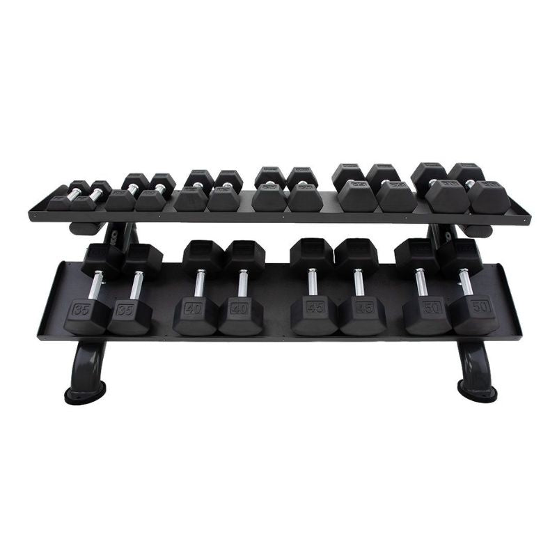 TKO S889-TXUA10 5-50lb Urethane Hex Dumbbell set with Rack Front View 