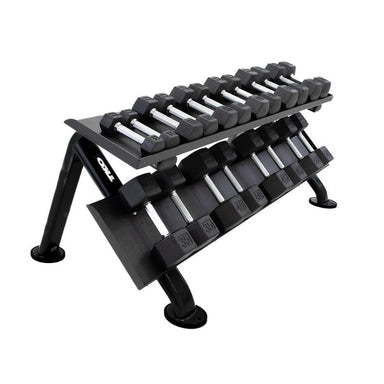 TKO S889-TXUA10 5-50lb Urethane Hex Dumbbell set with Rack Side View on a white background