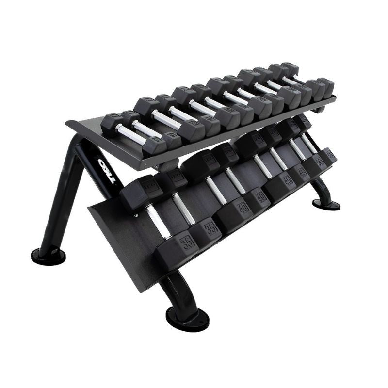 TKO S889-TXUA10 5-50lb Urethane Hex Dumbbell set with Rack Side View on a white background