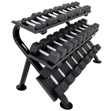 TKO Strength 3-Tier Horizontal Dumbbell Rack - 890HDR-BK Side View with Set of Dumbbells