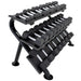 TKO Strength 3-Tier Horizontal Dumbbell Rack - 890HDR-BK Side View with Set of Dumbbells
