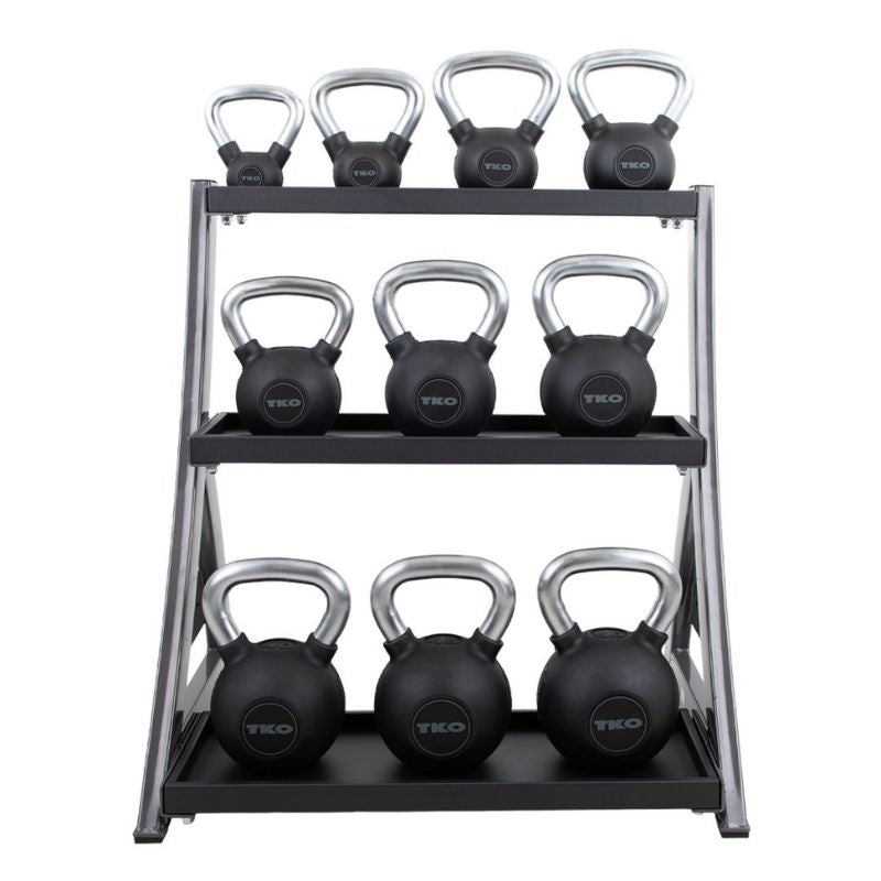 TKO Strength 5–50 lb Rubber Kettlebell Set with 3-Tier Rack – S856-KBR5-50 Front View