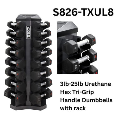 TKO Strength 8 Pair Vertical Dumbbell Rack for Hex Dumbbells -  S826-TXUL8 with 3-25lb Urethane Hex Tri-Grip Handle Dumbbells