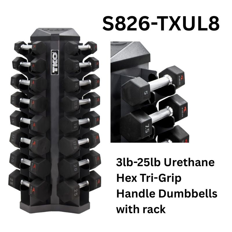 TKO Strength 8 Pair Vertical Dumbbell Rack for Hex Dumbbells -  S826-TXUL8 with 3-25lb Urethane Hex Tri-Grip Handle Dumbbells