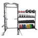 TKO Strength Half Rack with Storage - 921HR-STRG front view with plates, dumbbells, kettlebells, and med balls