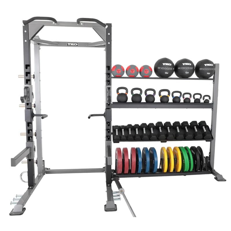 TKO Strength Half Rack with Storage - 921HR-STRG front view with plates, dumbbells, kettlebells, and med balls