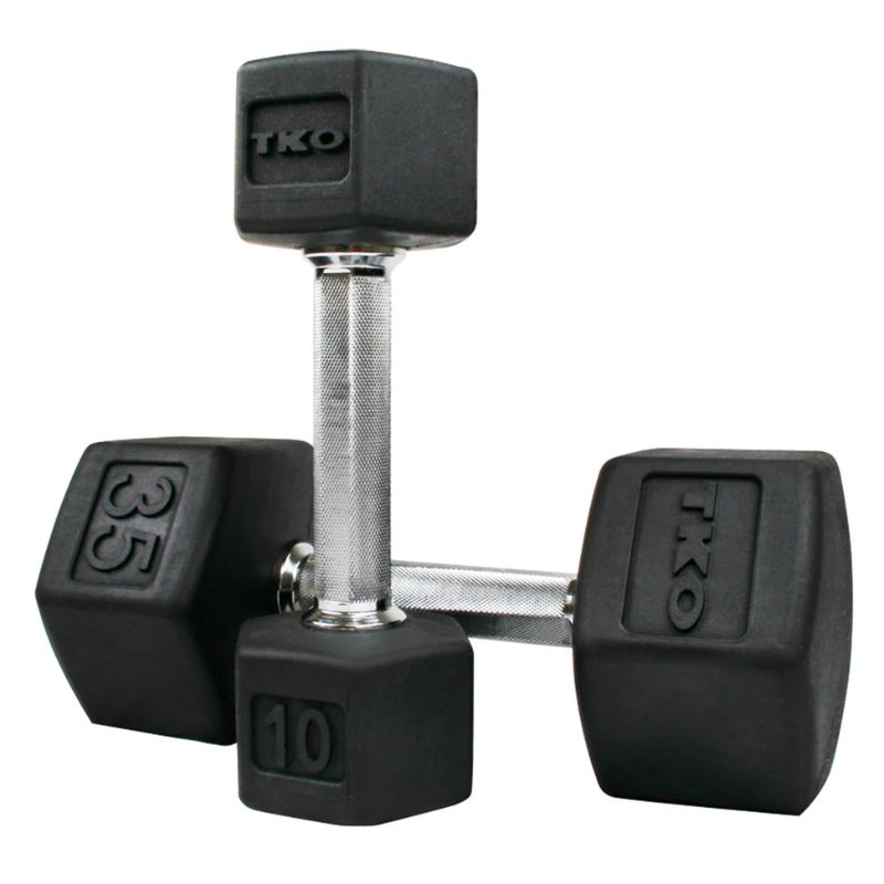 TKO Strength TRI GRIP® HEX DUMBBELL 35 lb and 10 lb  on a white backgrounnd