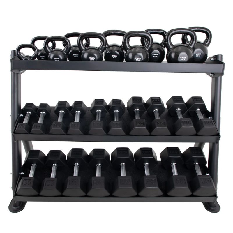 TKO Strength Vinyl Kettlebell & Straight Handle Rubber Hex Dumbbell Set with 3-Tier Rack