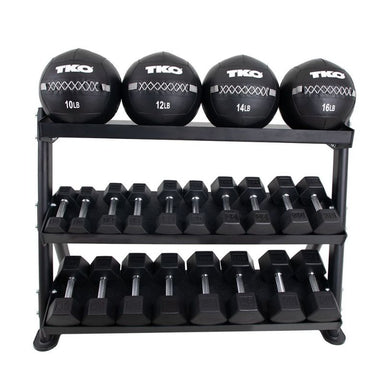 TKO Wall Ball & Straight Handle Rubber Hex Dumbbell Set with 3-Tier Rack - S892-SRWB Front View