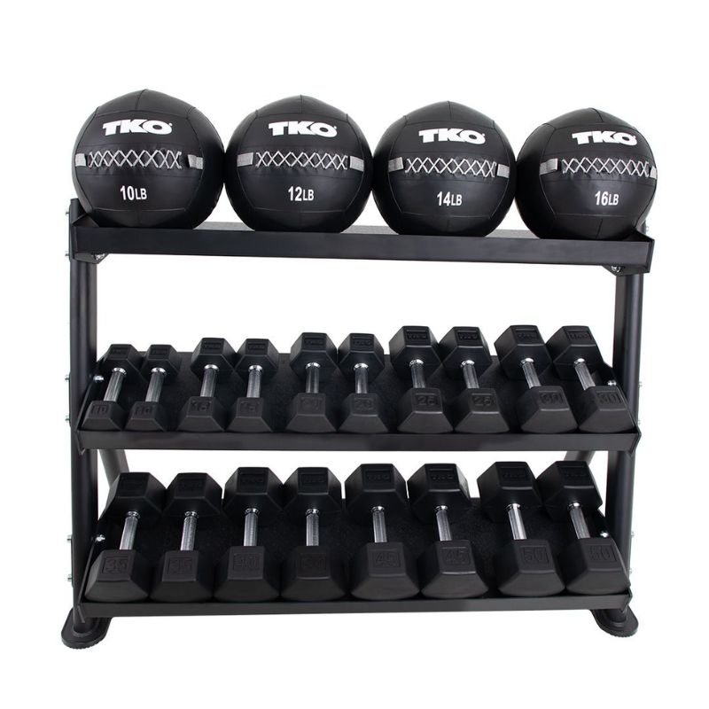 TKO Wall Ball & Straight Handle Rubber Hex Dumbbell Set with 3-Tier Rack - S892-SRWB Front View