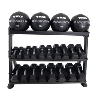 TKO Wall Ball & Tri-Grip Rubber Hex Dumbbell Set with 3-Tier Rack - S892-TXWB Front View 