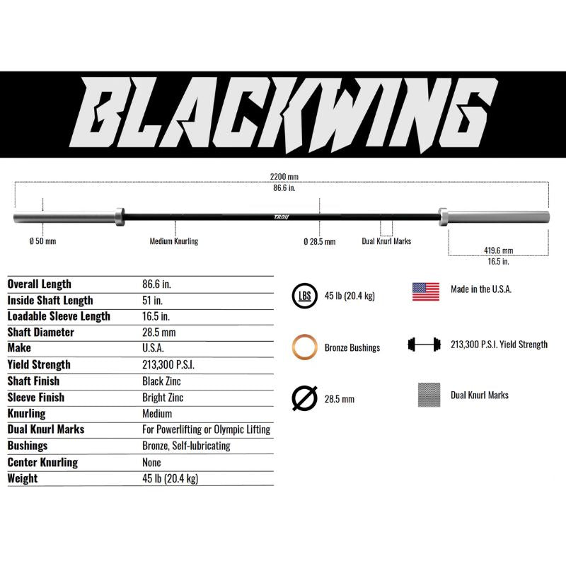 TROY AOB-1500T 7' Olympic Black Wing Bar Dimensions