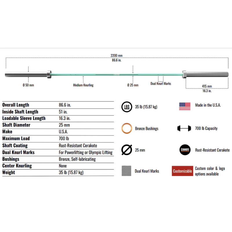 TROY AOB 1200C (H-175) Women's Cerakote Olympic Bar Dimensions