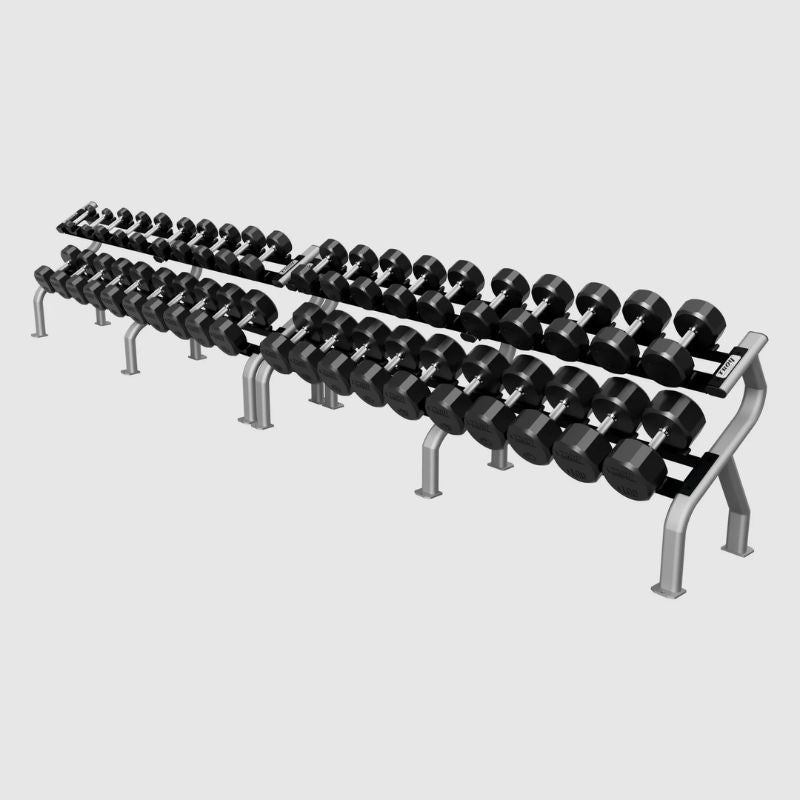 TROY COMMPAC-TSDR100  5-100lb Rubber Encased 12-Sided Dumbbell Set with Saddle Racks on a white background