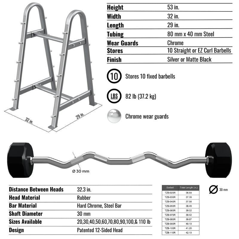 TROY COMMPAC-TZBR110 Rubber Curl Barbell Set with Horizontal Rack Features and Dimensions
