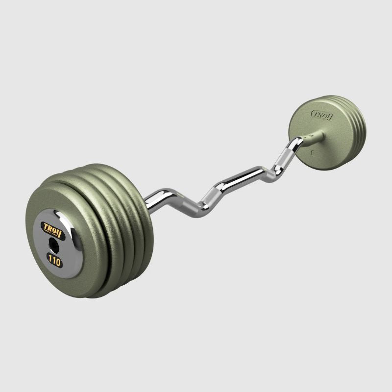 TROY Fixed Barbell Pro Style  110 lb Curl Barbell with Chrome Endcaps - Hammertone _ HZB-C