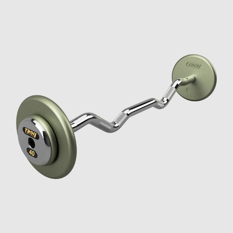 TROY Fixed Barbell Pro Style  40 lb Curl Barbell with Chrome Endcaps - Hammertone _ HZB-C