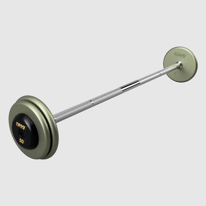 TROY Fixed Barbell Pro Style 50 lb Straight Barbell with Rubber Endcaps - Hammertone _ HFB-R