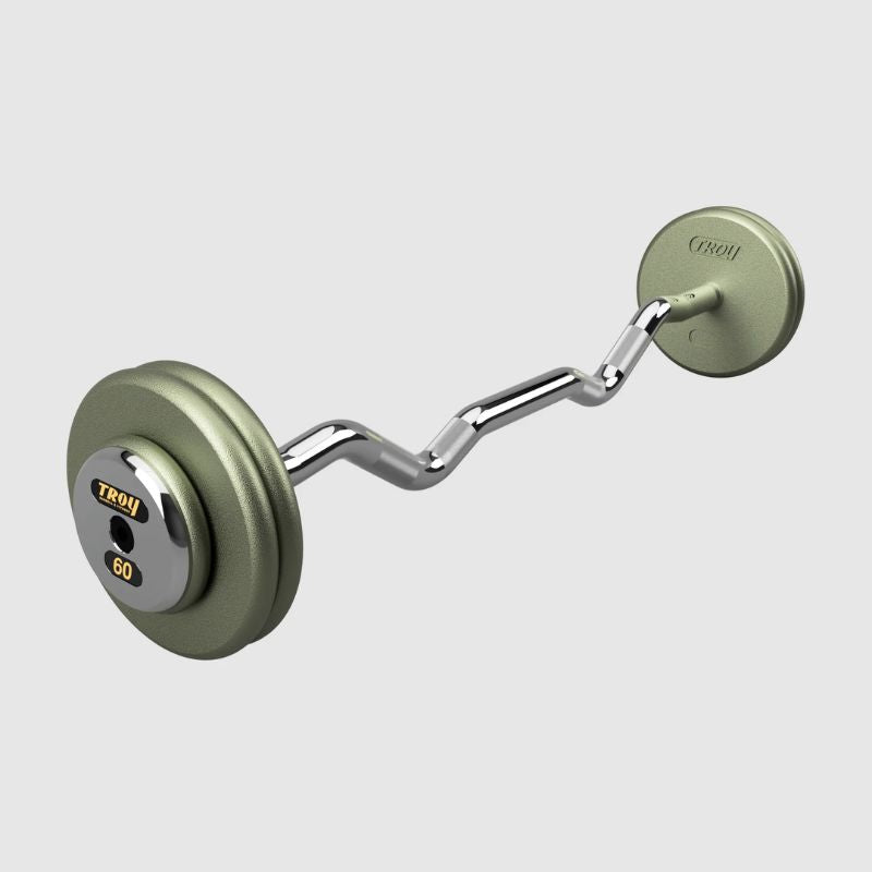 TROY Fixed Barbell Pro Style  60 lb Curl Barbell with Chrome Endcaps - Hammertone _ HZB-C