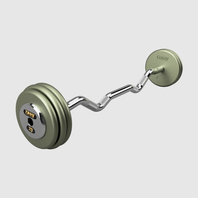 TROY Fixed Barbell Pro Style  70 lb Curl Barbell with Chrome Endcaps - Hammertone _ HZB-C
