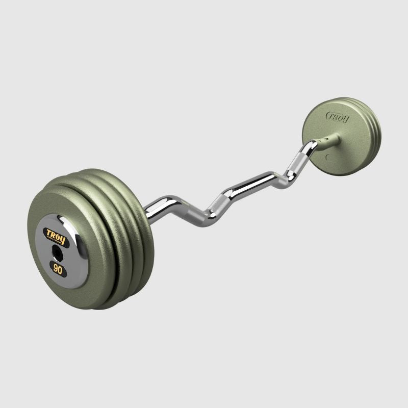 TROY Fixed Barbell Pro Style  90 lb Curl Barbell with Chrome Endcaps - Hammertone _ HZB-C