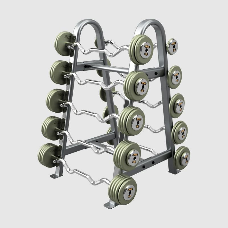 TROY Fixed Barbell Pro Style Curl Barbell with Chrome Endcaps - Hammertone _ HZB-C with Rack