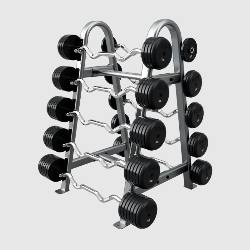 TROY Fixed Barbell Pro Style Rubber Encased Curl Barbell - RUFC-R with Rack