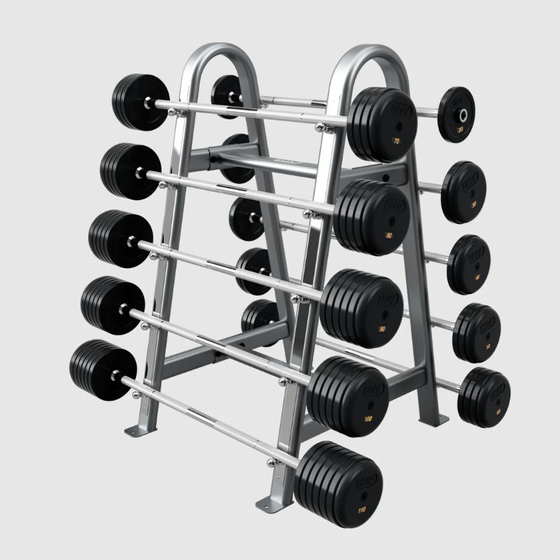 TROY Fixed Barbell Pro Style Rubber Encased Straight Barbell - RUFB-R with Rack