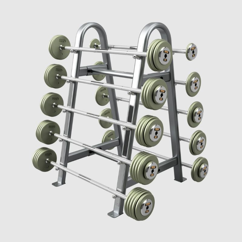 TROY Fixed Barbell Pro Style Straight Barbell  Set with Chrome Endcaps - Hammertone with Rack