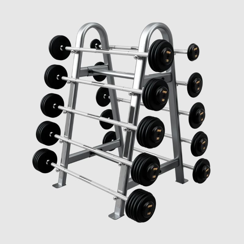 TROY Fixed Barbell Pro Style  Straight Barbell Set with Rubber Endcaps - Black _ PFB-R with Rack