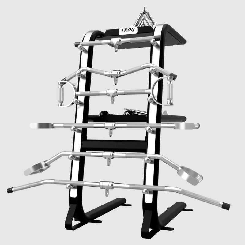 TROY GTAR  2-Tier Cable Attachment Accessory Rack Black Side View with Set of Cable Attachments Accessories