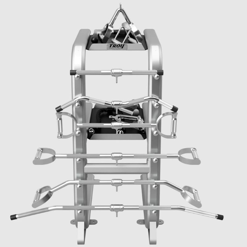 TROY GTAR  2-Tier Cable Attachment Accessory Rack Silver Front View with Set of Cable Attachments Accessories