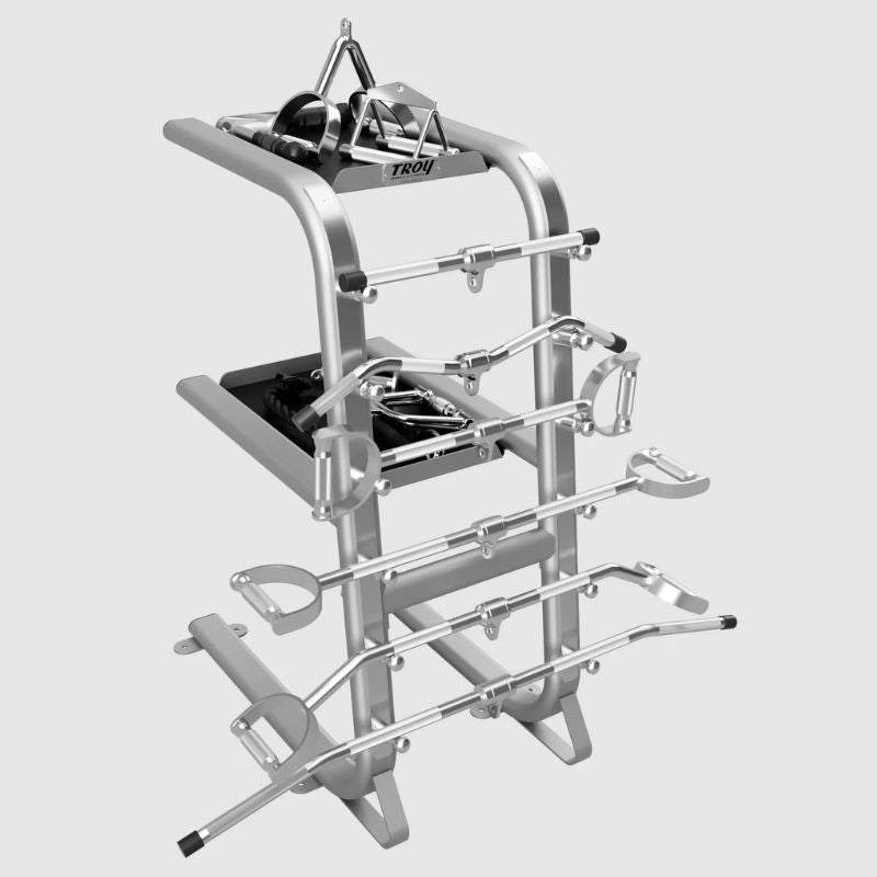 TROY GTAR  2-Tier Cable Attachment Accessory Rack Silver Side view with Set of Cable Attachment Accessories