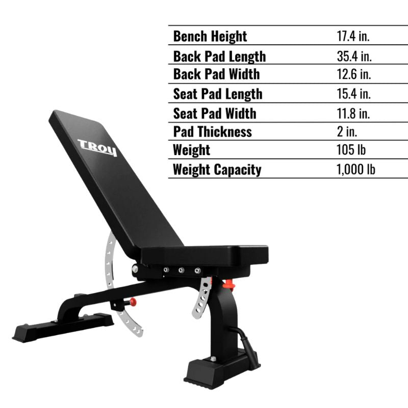 TROY GTBH-FID Commercial Adjustable Bench Features and Dimensions