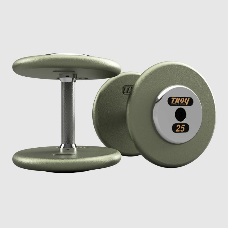 TROY HFDC-C Gray Hammer-tone Pro Style Dumbbell Sets Chrome End Caps 25 lb dumbbells pair