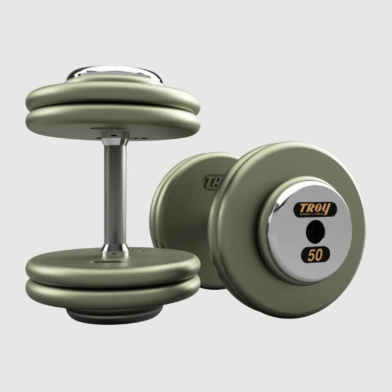 TROY HFDC-C Gray Hammer-tone Pro Style Dumbbell Sets Chrome End Caps 50 lb dumbbells Pair