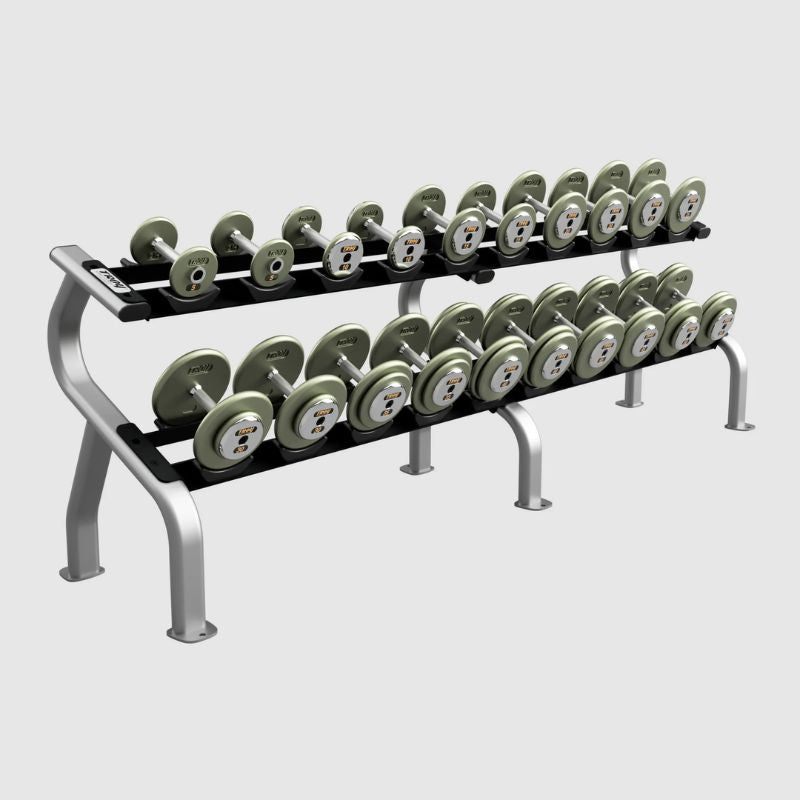TROY HFDC-C Gray Hammer-tone Pro Style Dumbbell Sets Chrome End Caps 5 lb dumbbells to 50 lb dumbbells with 2 tier rack
