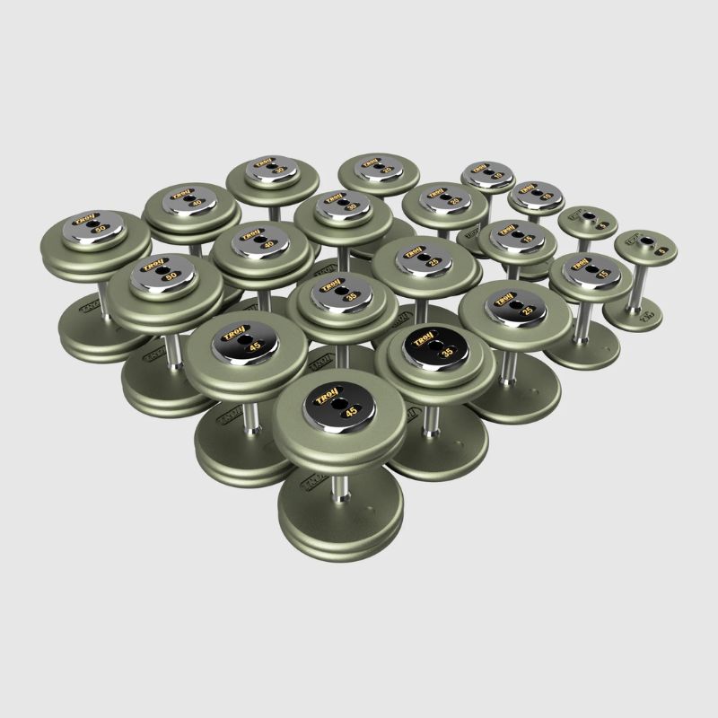 TROY HFDC-C Gray Hammer-tone Pro Style Dumbbell Sets Chrome End Caps 5 lb to 50 lb dumbbells set