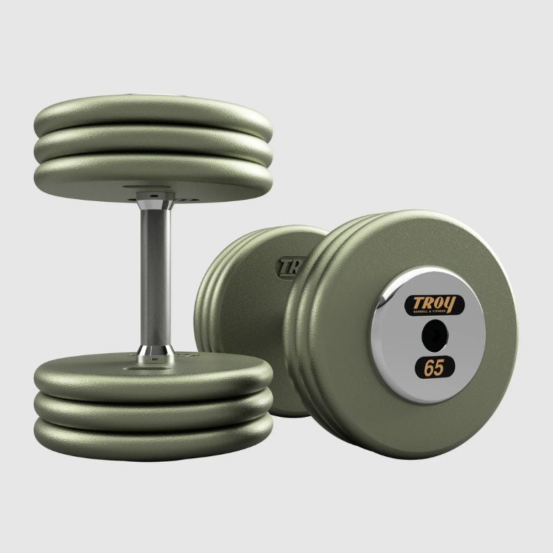 TROY HFDC-C Gray Hammer-tone Pro Style Dumbbell Sets Chrome End Caps 65 lb dumbbells Pair