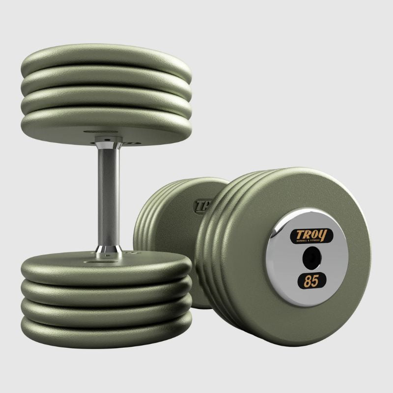 TROY HFDC-C Gray Hammer-tone Pro Style Dumbbell Sets Chrome End Caps 85 lb dumbbells pair