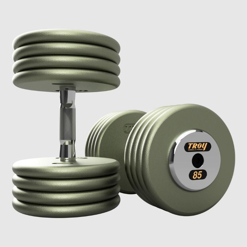 TROY HFDC-C Pro-Style Gray Dumbbell Contoured Handle & Chrome Endcaps 85 lb dumbbells