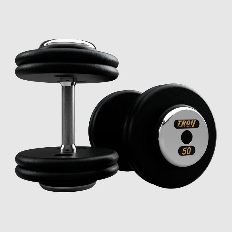 TROY PFD-C Black Textured Pro Style Dumbbell Set with Chrome End Caps 50 lb Dumbbells Pair