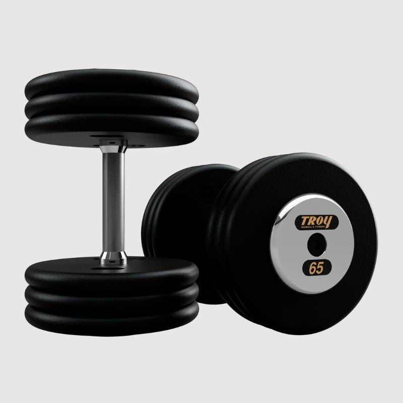 TROY PFD-C Black Textured Pro Style Dumbbell Set with Chrome End Caps 65 lb Dumbbells Pair
