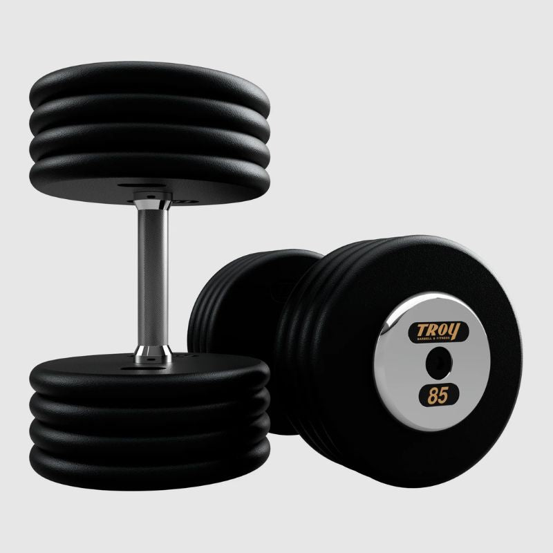 TROY PFD-C Black Textured Pro Style Dumbbell Set with Chrome End Caps 85 lb Dumbbells Pair
